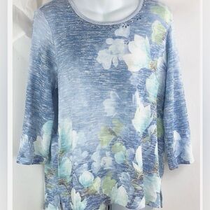 Alfred Dunner Floral Blue Women's Knit Top, rhinestone accents 3/4 sleeves 1X